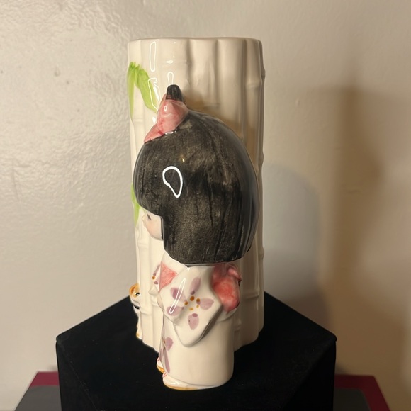 Kokeshi Japan Ceramic Art Pottery Girl with Puppy and Bamboo Stalks Planter - Picture 2 of 8